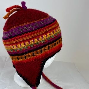 Newari kids children wool knit hat Nepal earflaps Icelandic Design red purple